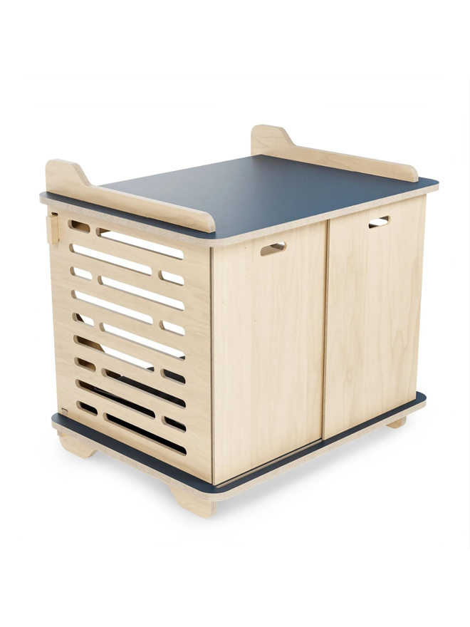 wooden blue top dog crate exterior