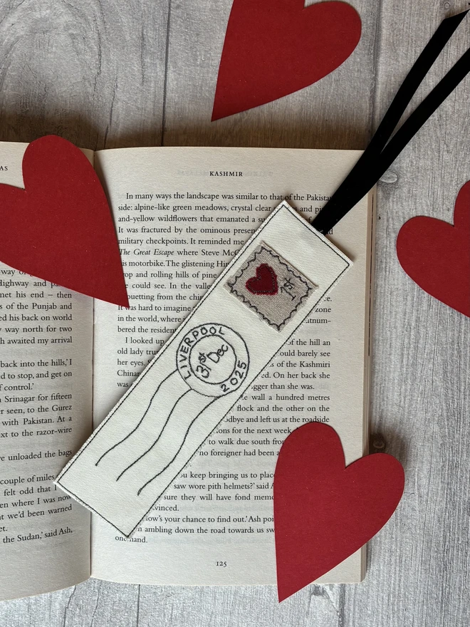 Personalised embroidered postmark bookmark with hearts
