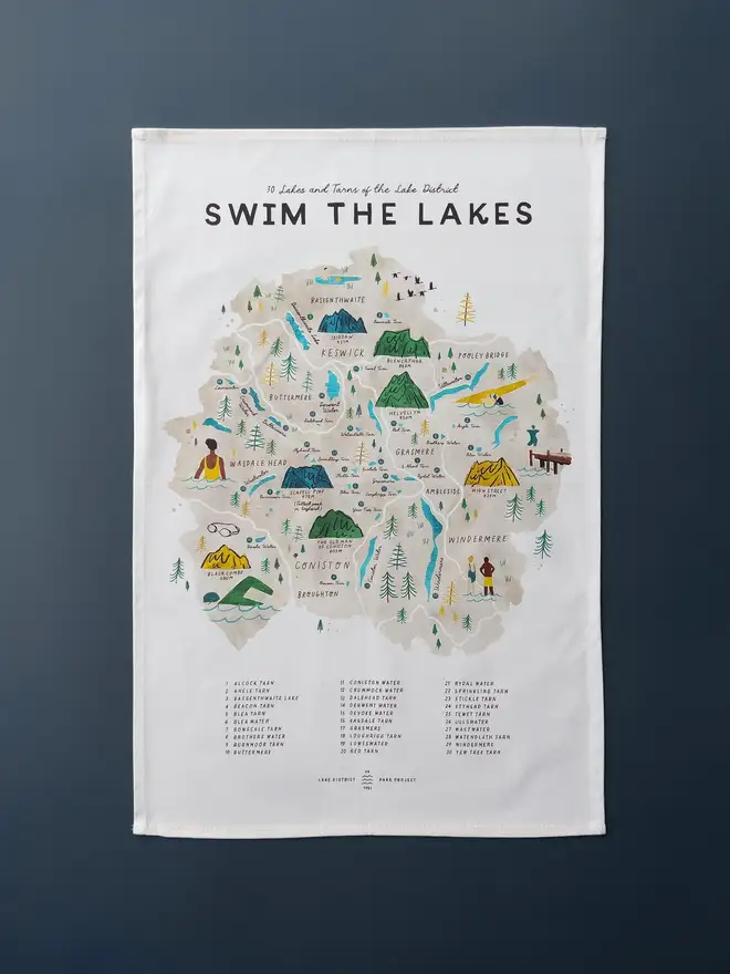 lake district swimming map tea towel