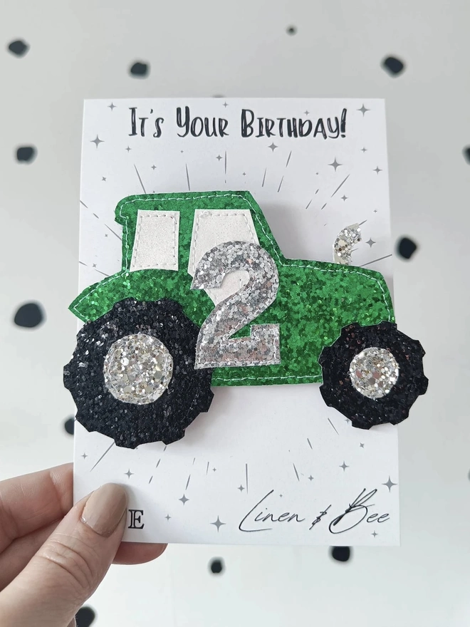 Personalised Glitter Tractor Birthday Badge.