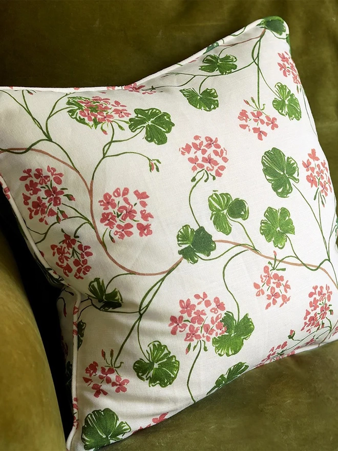 Geraniums' linen piped cushion close up 