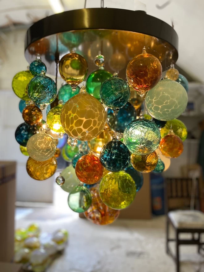 A contemporary blown glass chandelier