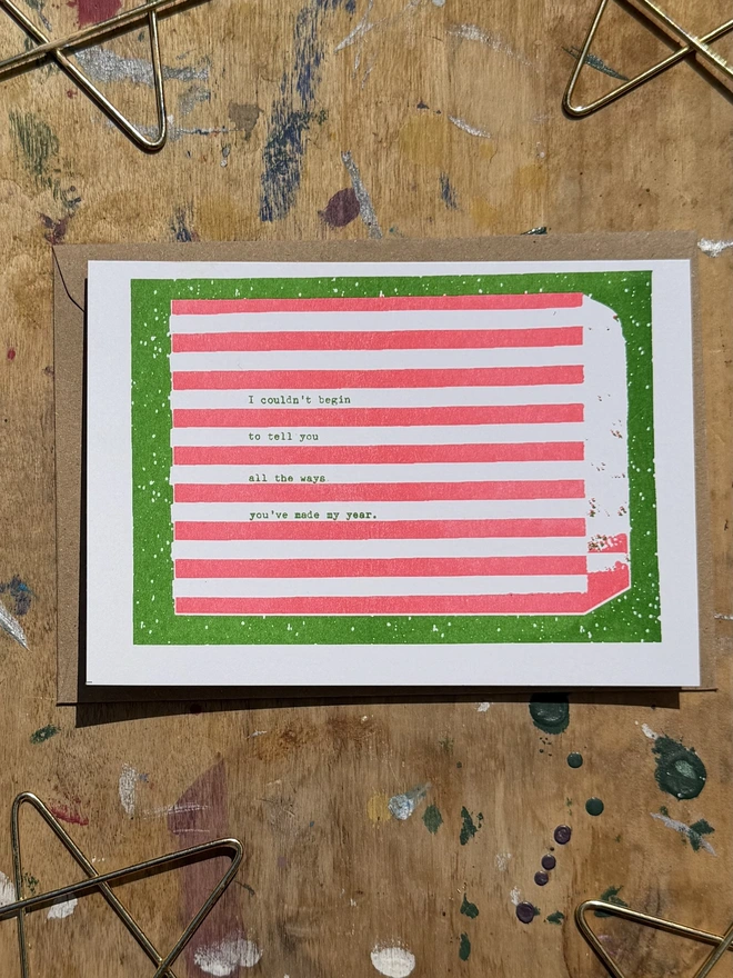 green and red risograph christmas art cards 