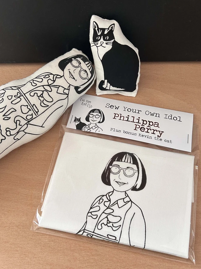 Philippa Perry and Kevin the cat sew your own idol cushion kit. 
