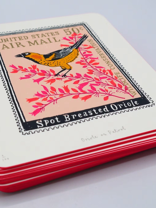 American Stamp/ Oriole Bird Screenprint Oriole On Patrol, a colourful bird design in the centre of a white screenprint. 
