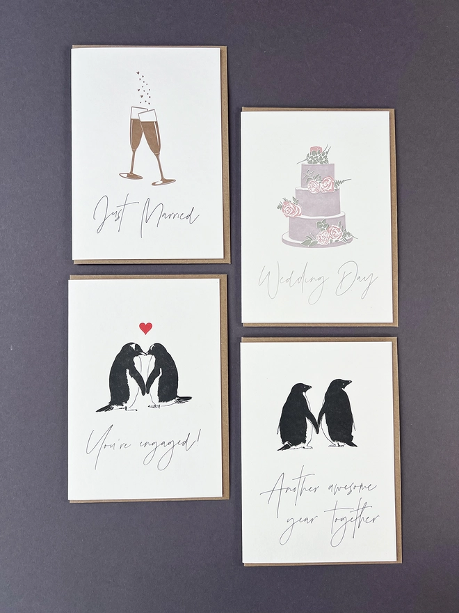 Four pack of cards including two Wedding cards, an engaged card and an anniversary card.