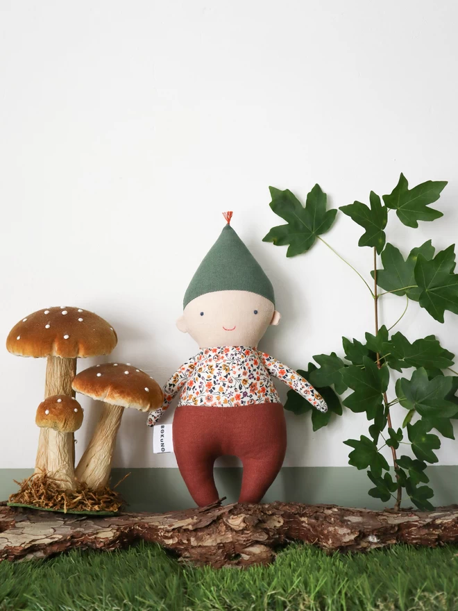 garden gnome doll with green hat and liberty print top