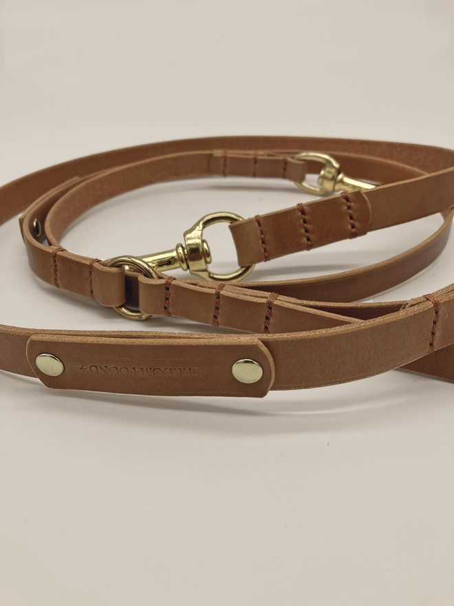 close up of caramel leather dog leads