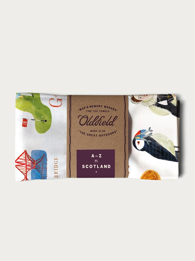A-Z Scotland Tea Towel Folded and Packaged
