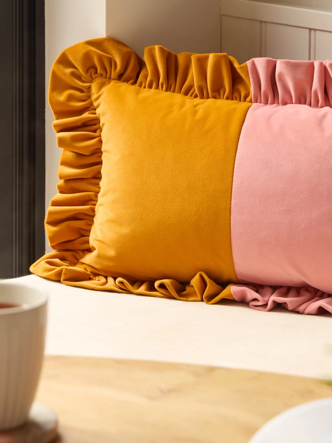 Handmade Tutti Frutti two-tone turmeric and coral ruffled velvet lumbar cushion 50x35cm, Kika Bespoke