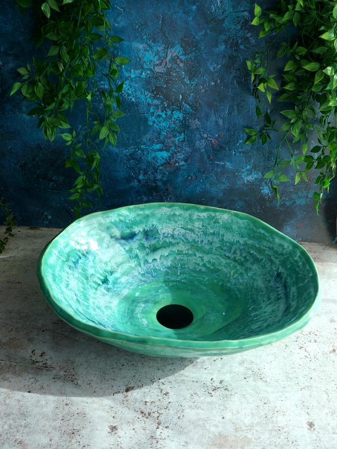 ceramic bathroom basin, unique bathroom basin, handcrafted bathroom basin, handmade bathroom basin, handmade sink, handcrafted sink, bespoke, basin, bespoke sink, green sink, green basin, Jenny Hopps Pottery, sculptural basin, sculptural sink, luxury bathroom basin