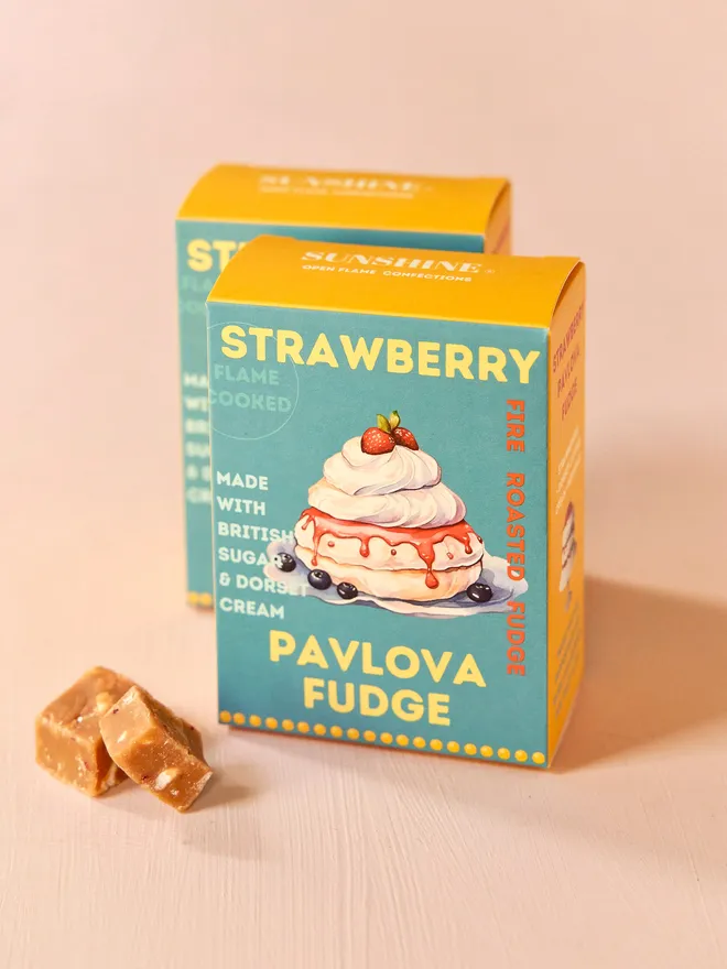 blue and yellow box of strawberry pavlova fudge
