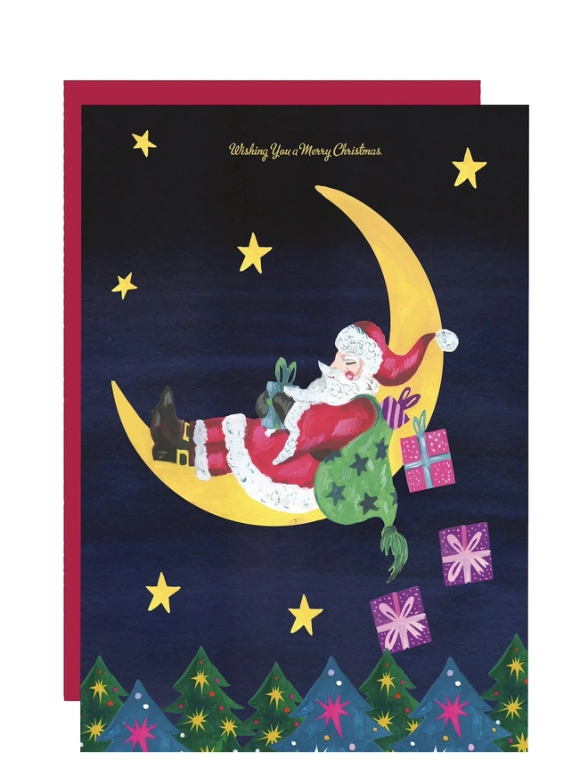 'Wishing You A Merry Christmas' Santa On Moon Christmas Card