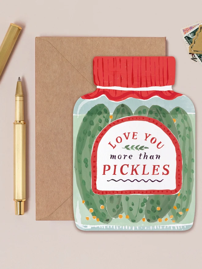 Love You More Than Pickles Card by Sister Paper Co with a kraft envelope
