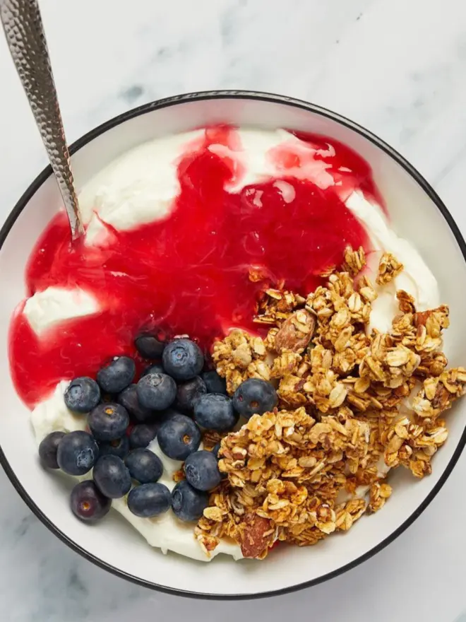 rhubarb preserve yoghurt granola bowl