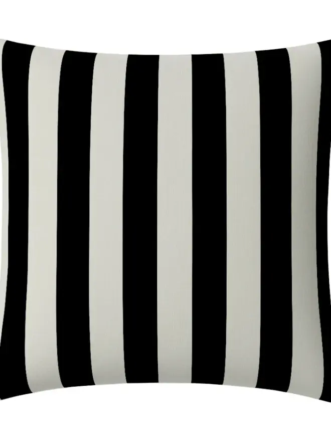 Hand Painted Sustainable Linen Cushion In Stripe Print, a black striped cushion against a white background. 