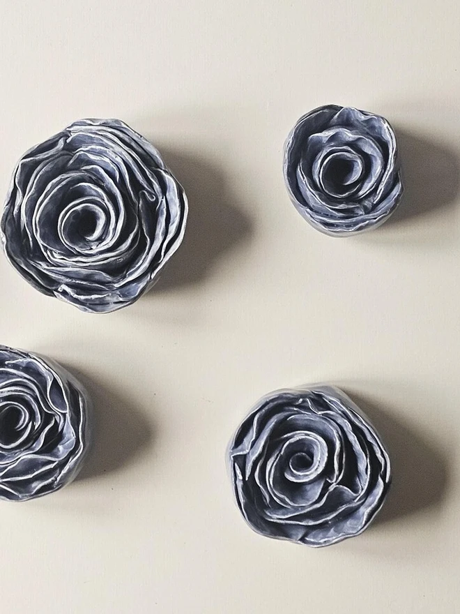 dusty blue ceramic rose flower pottery wall decor 3d sculpture floral art 