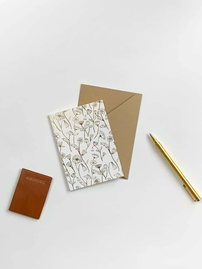  Gold Flower Hot foiled card design with recycled C6 kraft envelope