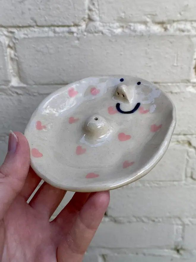 pink love heart handmade ceramic incense dish