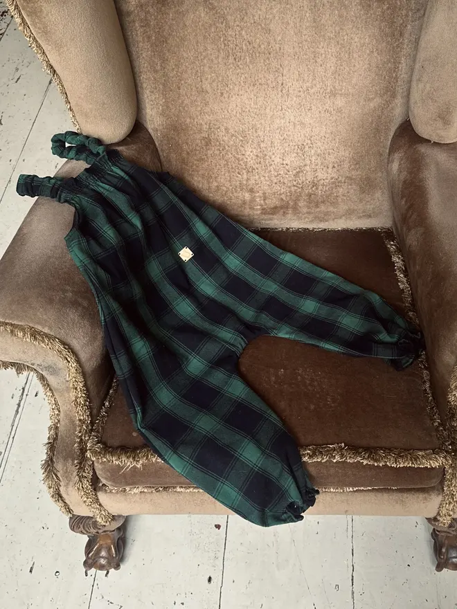Upcycled kids dungarees green tartan
