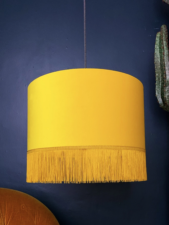 Sunset Yellow Velvet Lampshade With Gold Lining & Fringing. 