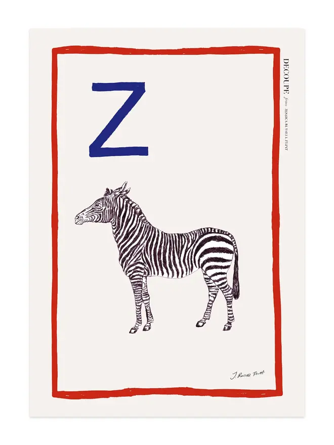 signed a-z alphabet prints. zebra print with the letter 'z' in the corner.