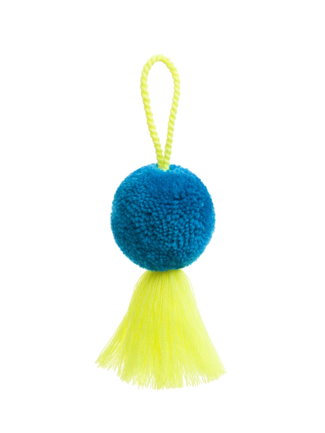 turquoise pom pom and neon tassel christmas bauble decoration