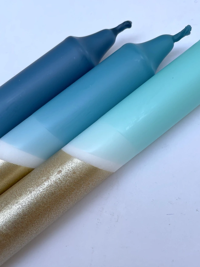 Blue & Gold Dip Dyed Dinner Candles (Set Of 3)