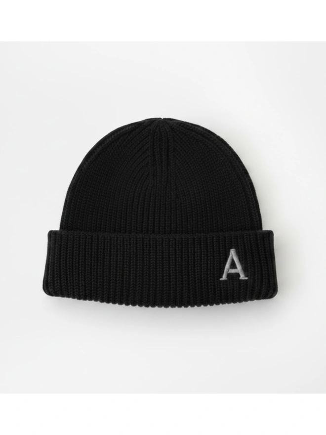 Personalised Embroidered Letter Beanie in Black