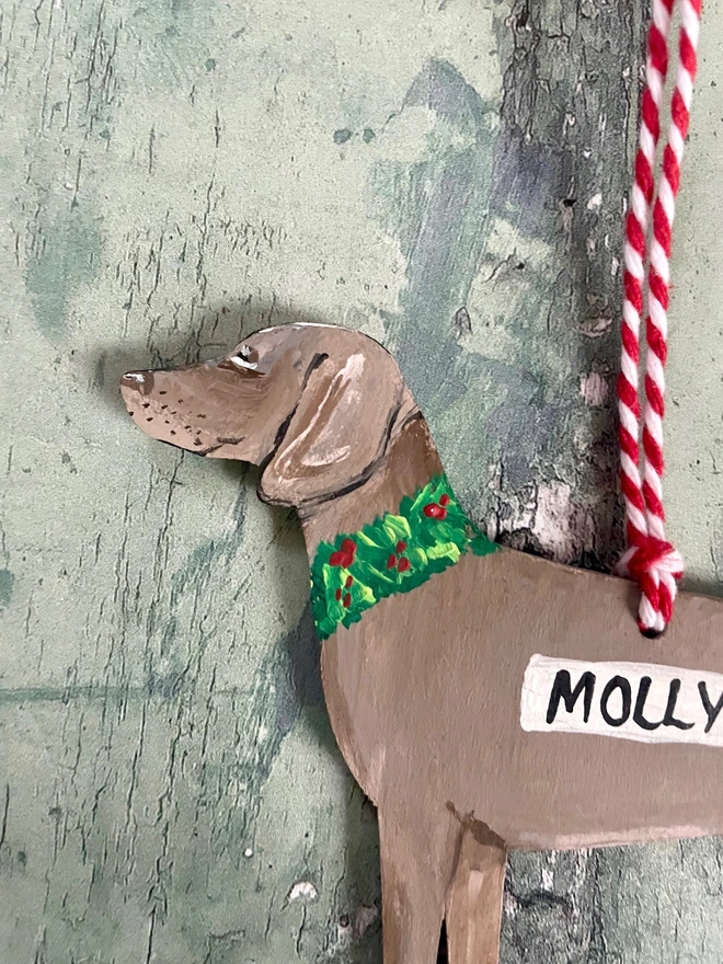 Weimaraner Hand-painted Dog Christmas Decoration hung with red and white twine