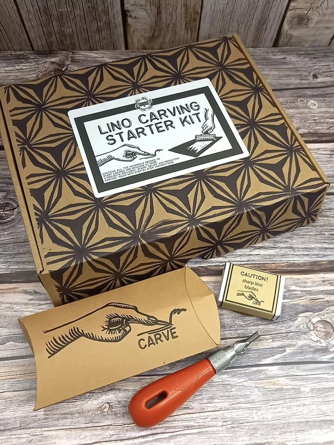 Lino Printing Starter Kit, packed in box with carving utensils