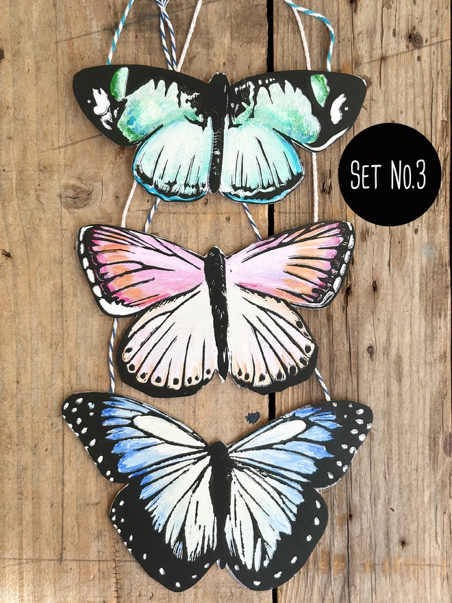 3 Hand Painted Butterflies. Set Of Linocut Wall Hangings. Set Number Three. Teal, Pink & Blues 