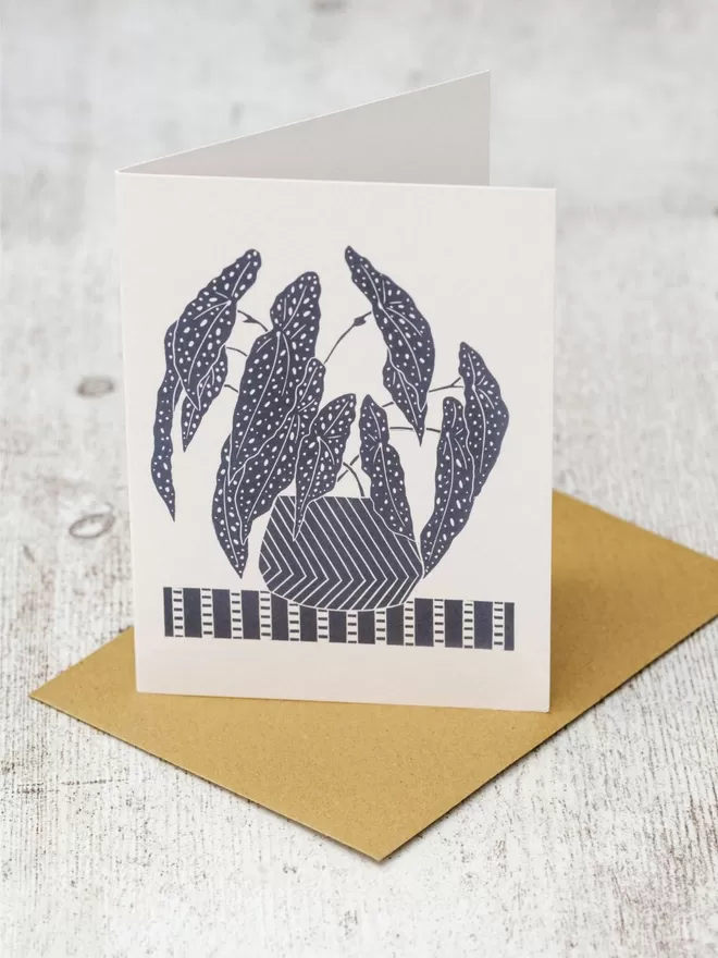 Greeting Card with an image of a Begonia Plant taken from an original lino print