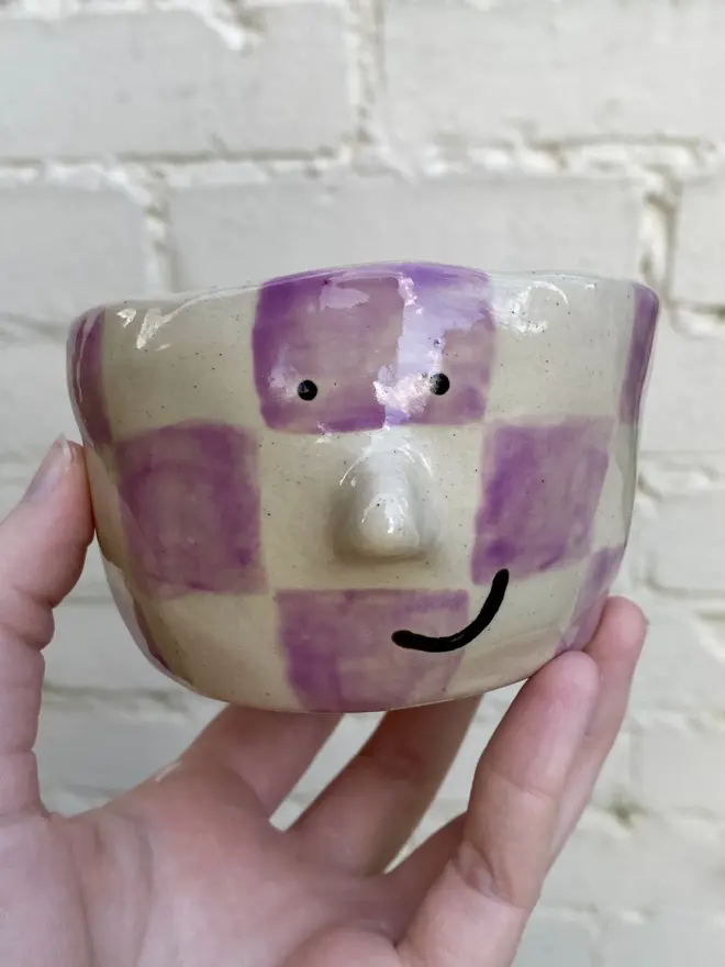 purple white check handmade ceramic smiley face pot