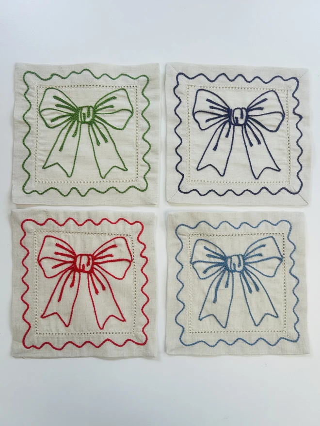 Individual Embroidered Bow Coasters 