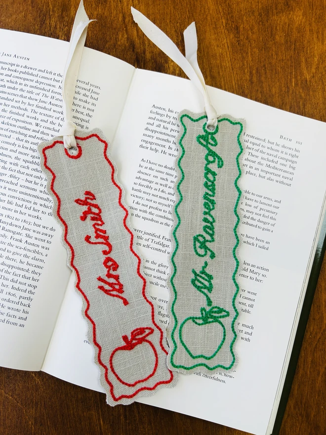 embroidered linen bookmarks