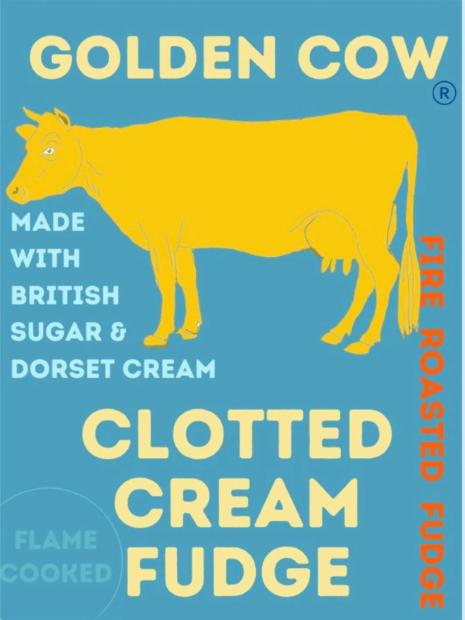 golden cow flame roasted clotted cream fudge. fudge packaging featuring a yellow illustrated cow on a blue background with yellow writing.