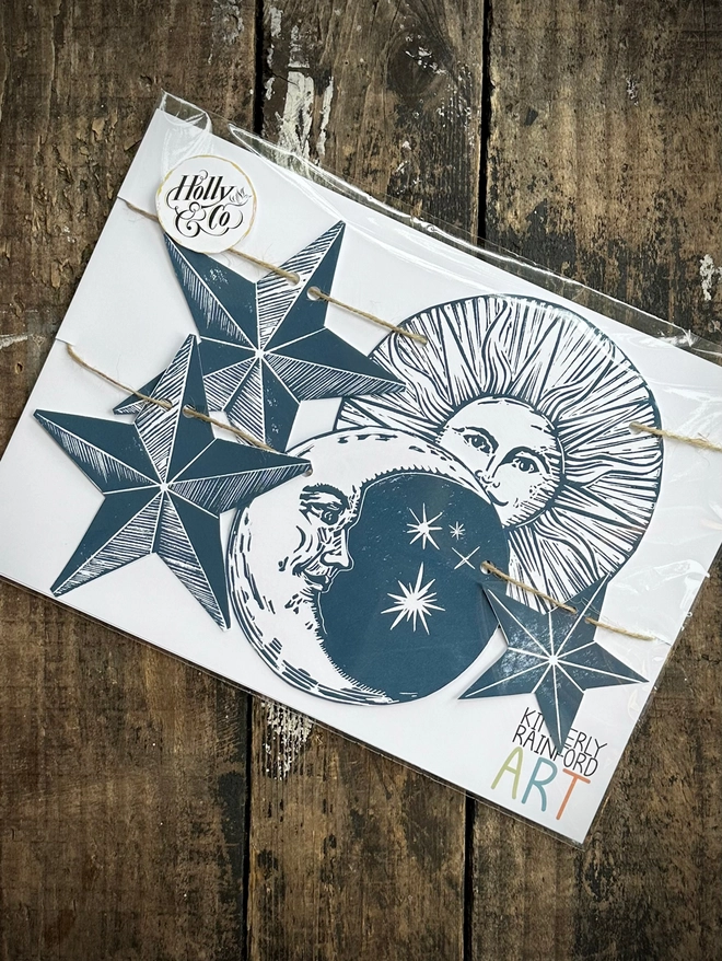 Sun, Moon & Stars Hand Printed Garland in Eco Friendly Packaging