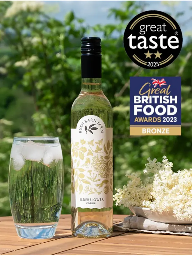 xElderflower Cordial (Set Of 1, 2, 3 Or 4), a glass of cordial sitting on a wooden surface outside next to a bottle of it. 