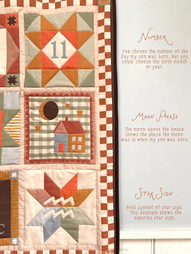 personalised baby quilted wall hanging. a patchwork hanging quilt decoration to commemorate a baby's birth.