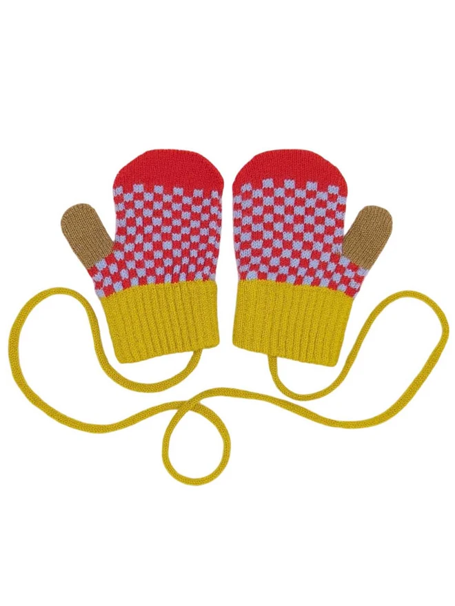 Red And Light Blue Checked Kids Mittens With A String