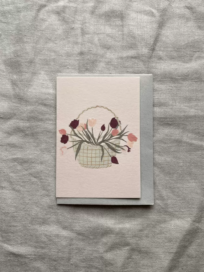 basket of tulips on a greetings card
