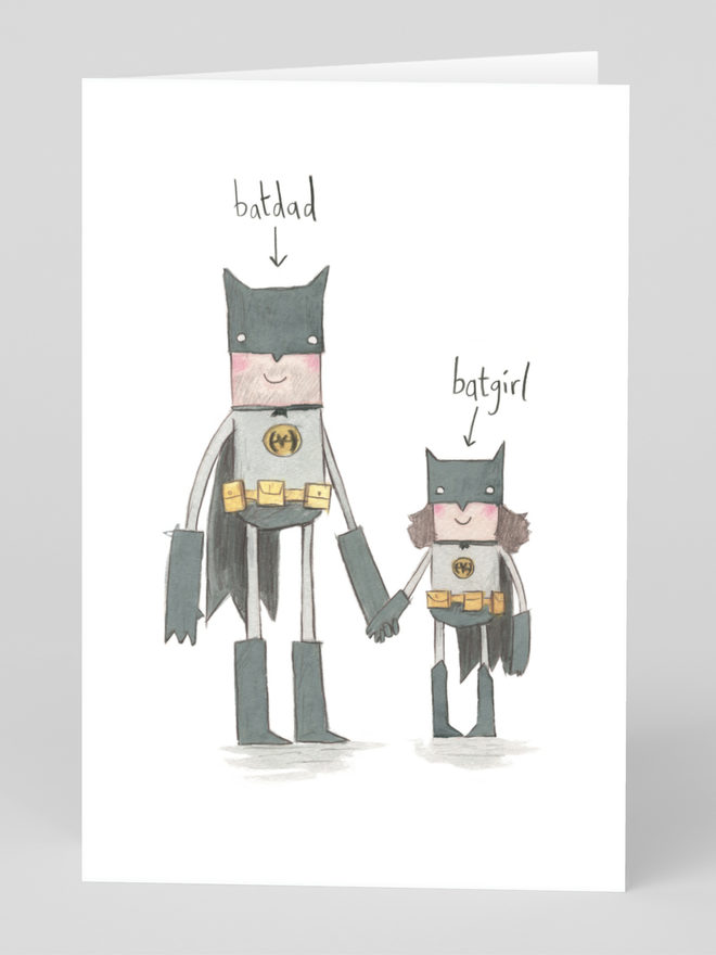 fathers day card featuring a father and daughter in superhero costumes. This is the perfect fathers day card for a dad or a birthday card . A cute hand drawn illustration with lots of fun and humour. Cards designed for men by The Grey Earl