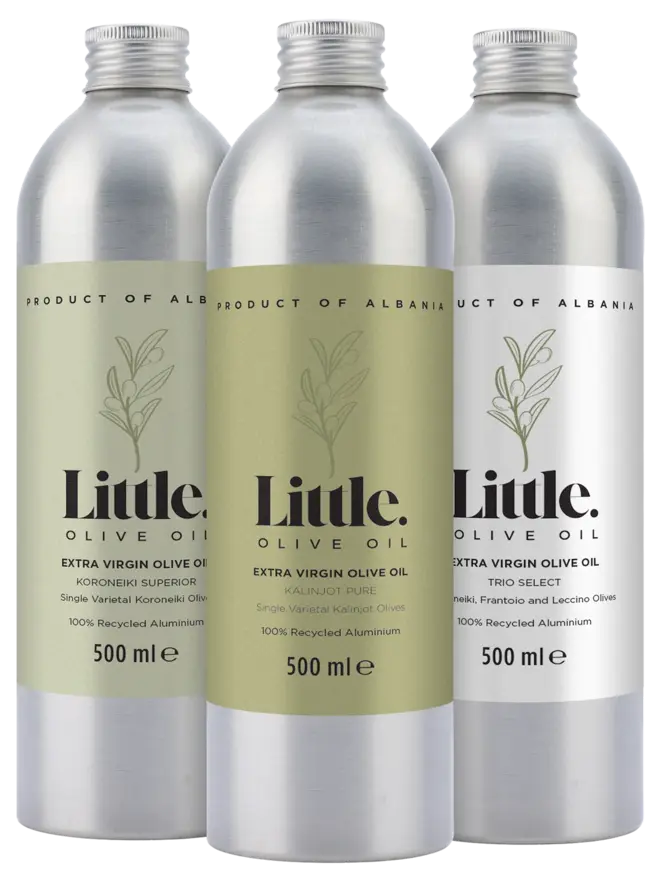 three stainless steel bottles of olive oil with green and white labels