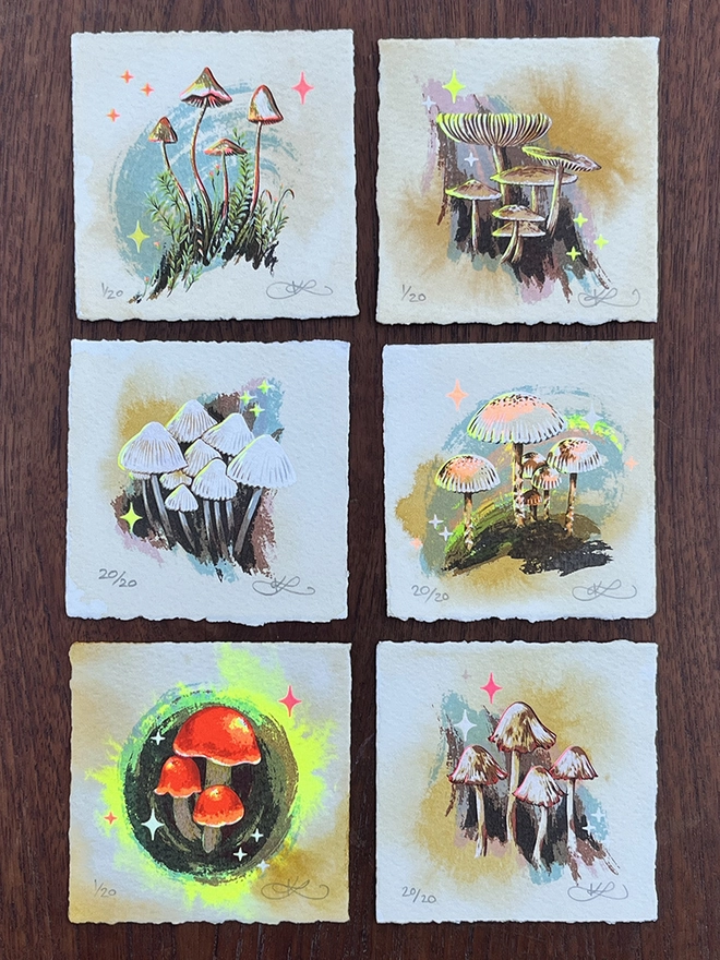 miniature mushroom screenprint art by Kath Leone