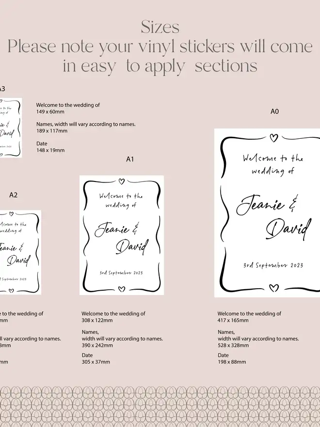 A pink page with a sample and sizes of A3, A2, A1 and A0