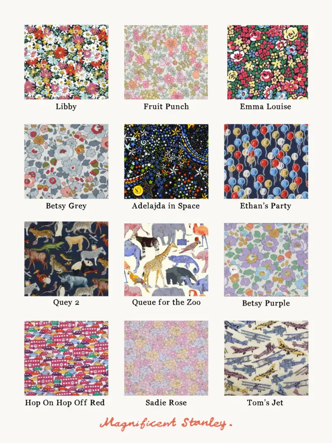 the choice of 12 Liberty Print swatches including floral prints, zoo animals, cars and planes