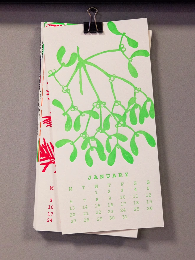 Calendar hung by bulldog clip. Front page "January" visible