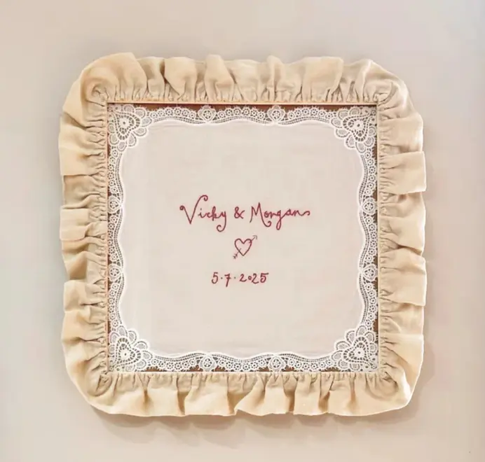 square picture frame with tan ruffled border