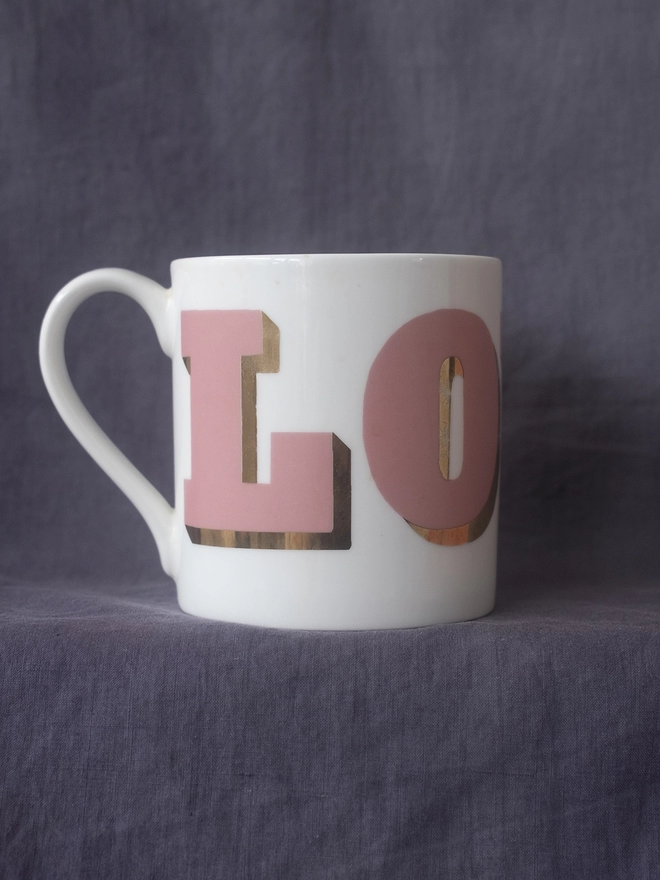 Love pink and gold leaf mug